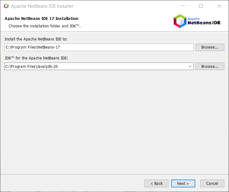 Auswahl des Installationsverzeichnisses und Pfad zum installierten JDK