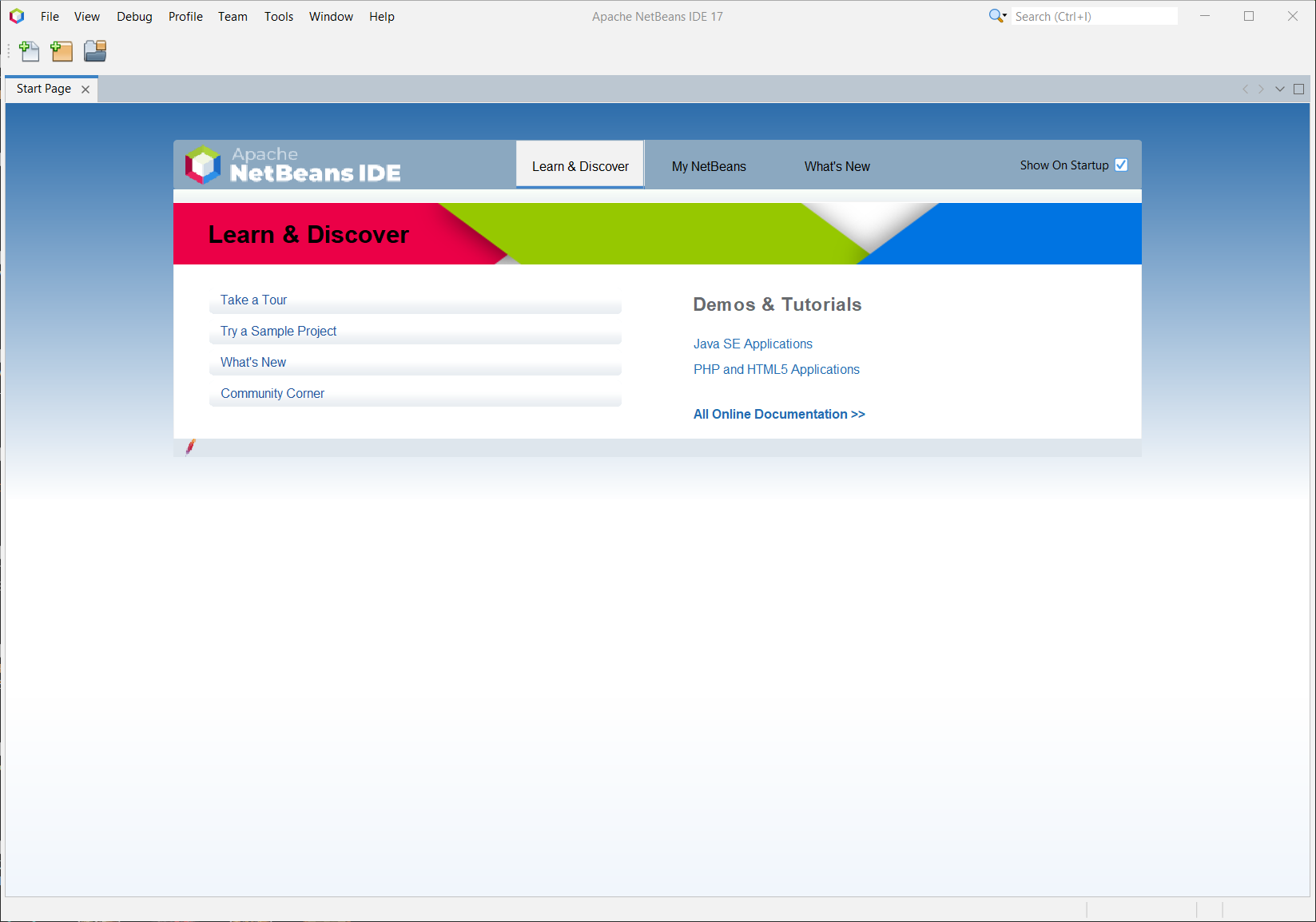 Der Startbildschirm von NetBeans