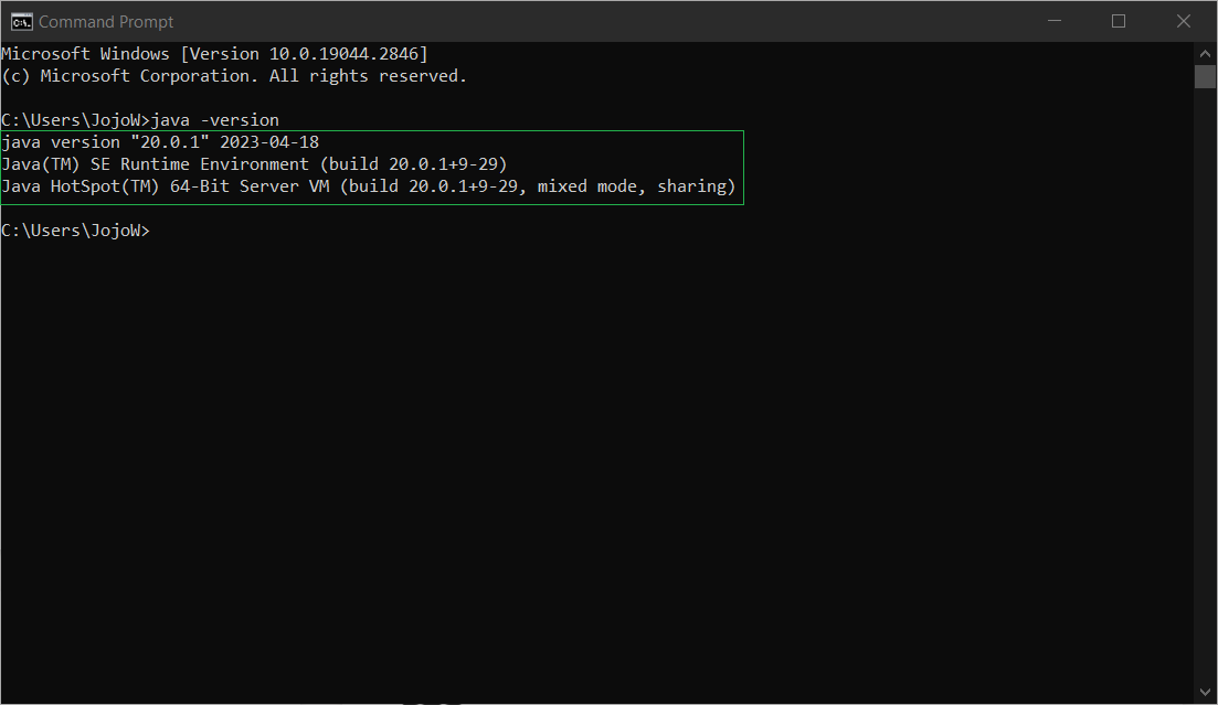 Die Installation des JDK ist erfolgreich, wenn die installierte Versionsnummer angezeigt wird.