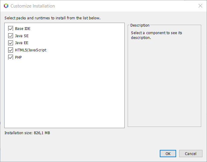 Auswahl der Komponenten für NetBeans.