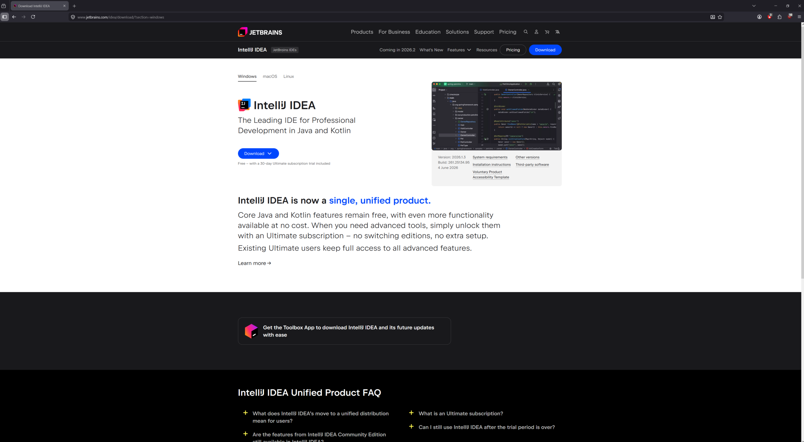 Oficiálna stránka JetBrains na stiahnutie IntelliJ IDEA