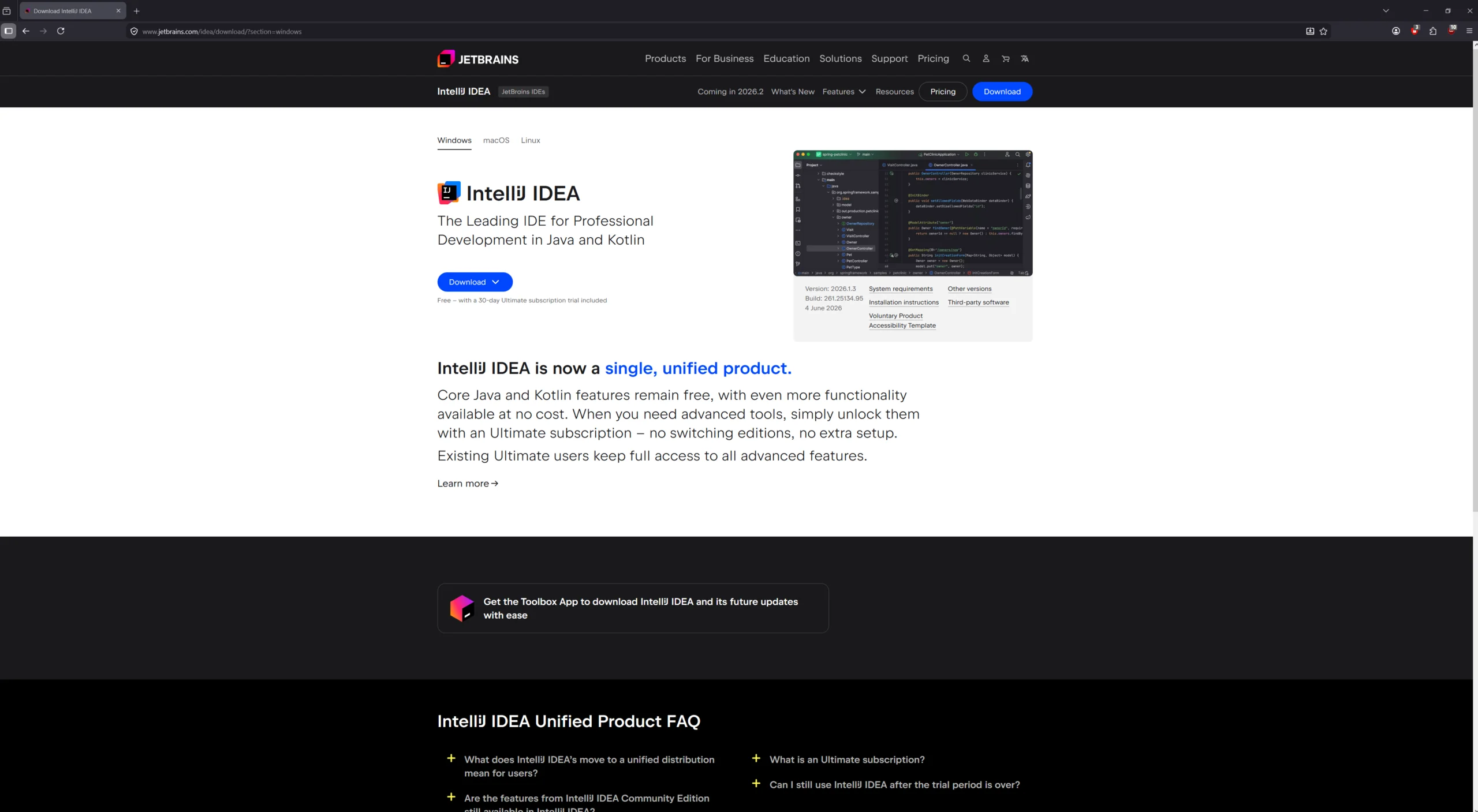 Oficiálna stránka JetBrains na stiahnutie IntelliJ IDEA