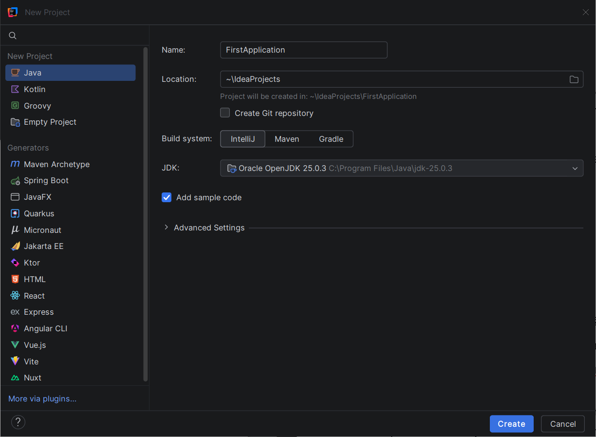 Vytvorenie nového Java projektu v IntelliJ IDEA s nastaveným JDK 25
