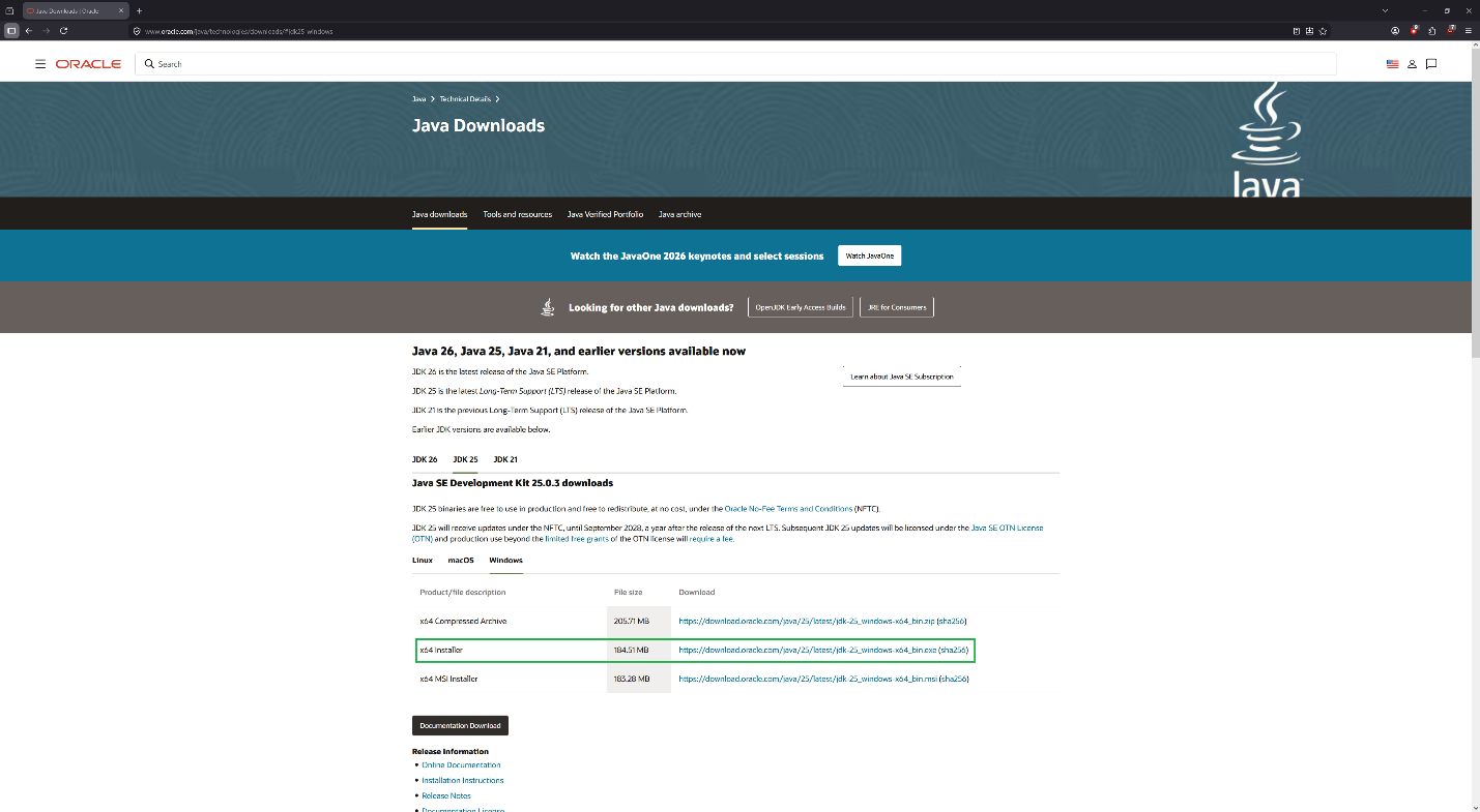 Výber Java JDK 25 pre Windows na stránke Oracle Java Downloads