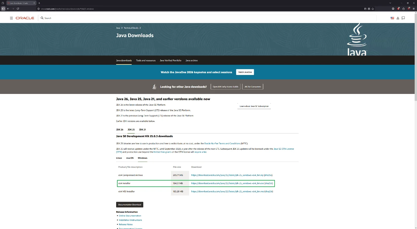 Výber Java JDK 25 pre Windows na stránke Oracle Java Downloads