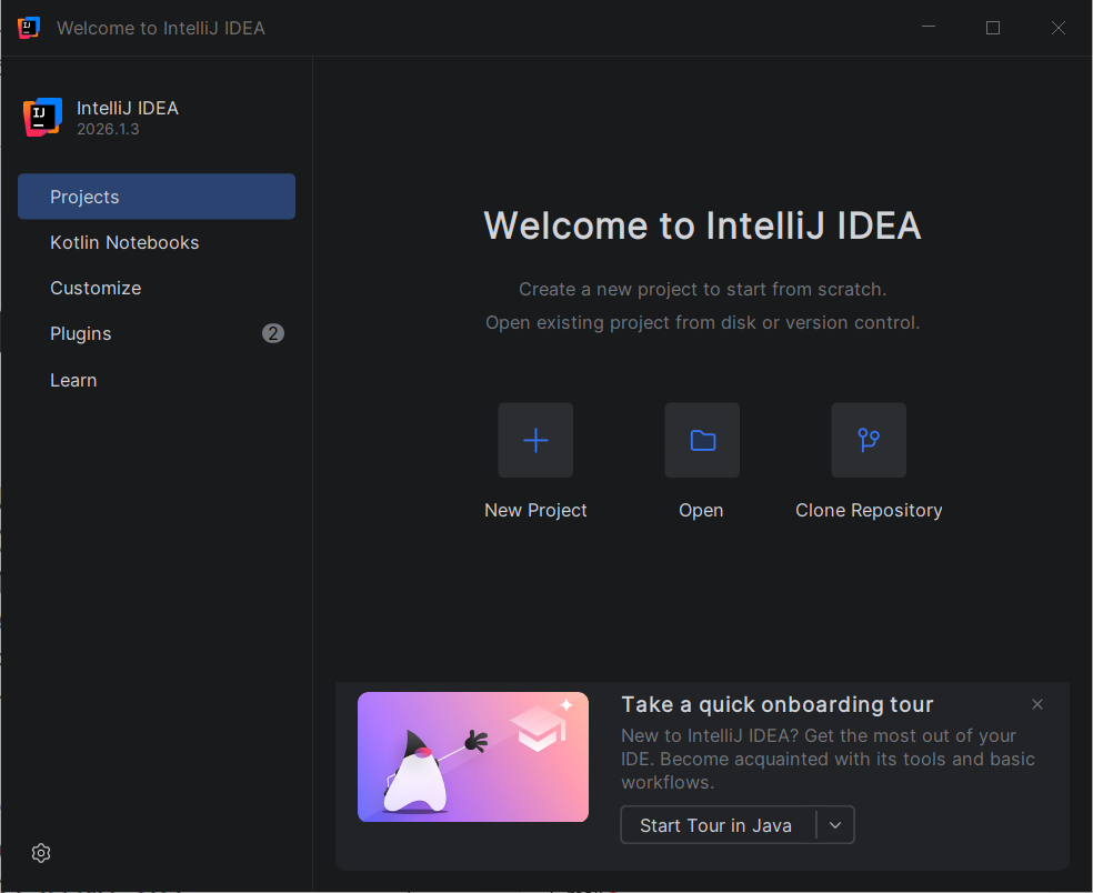 Úvodná obrazovka IntelliJ IDEA s možnosťami New Project, Open a Clone Repository