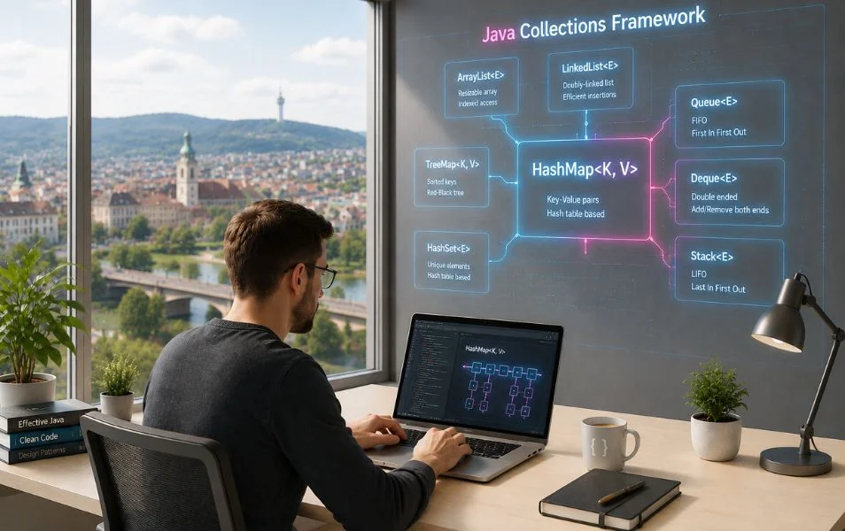 Programátor pracuje s diagramom Java Collections Framework a porovnáva dátové štruktúry v Jave.