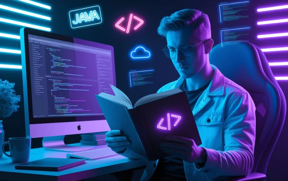 Young person reading a book in the study at the computer