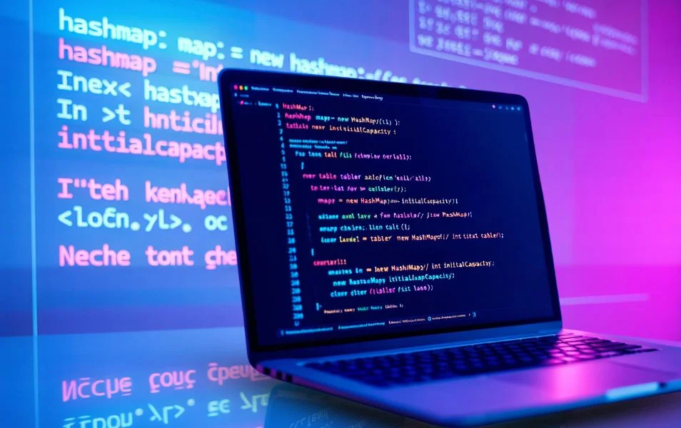 Laptop s programovacím kódom na obrazovke