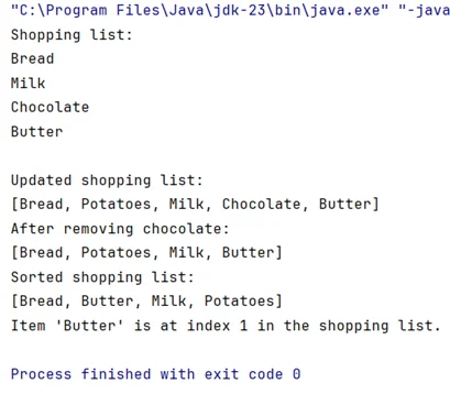 Výstup príkladu main.java arraylist
