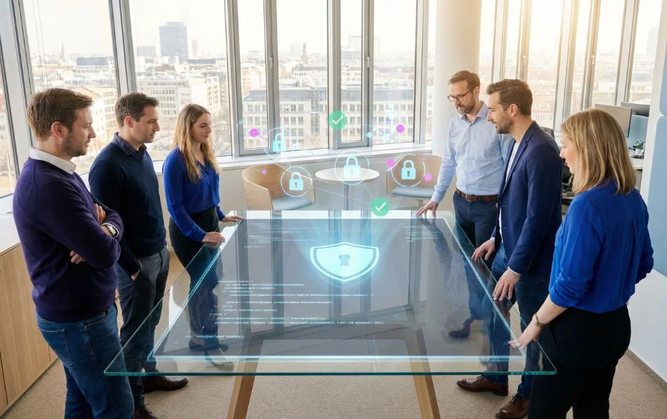 Tím vývojárov diskutuje o bezpečnosti softvéru a ochrane osobných údajov pri návrhu aplikácie
