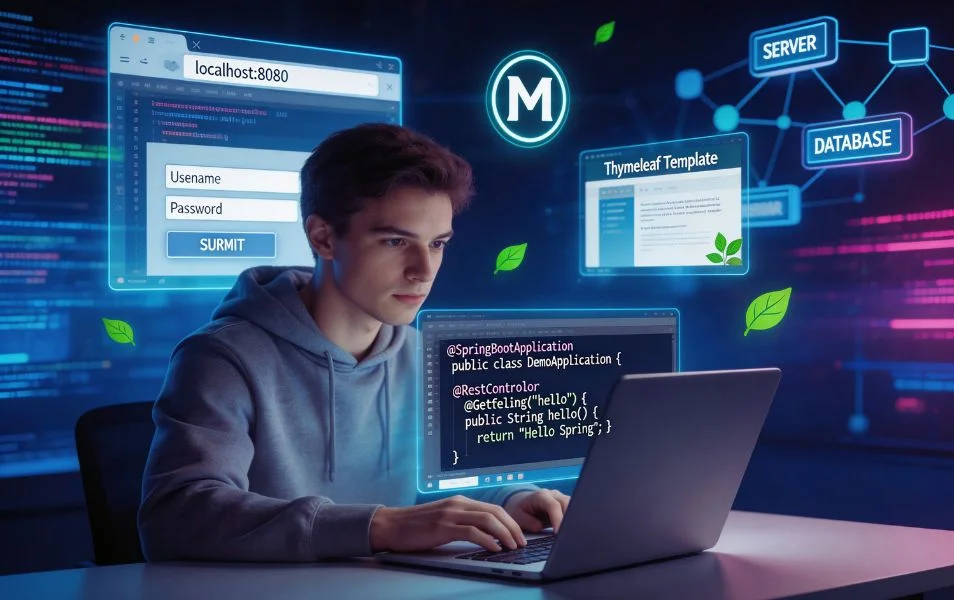 Mladý programátor pracuje so Spring Boot aplikáciou a na obrazovkách sú kód, databáza a server