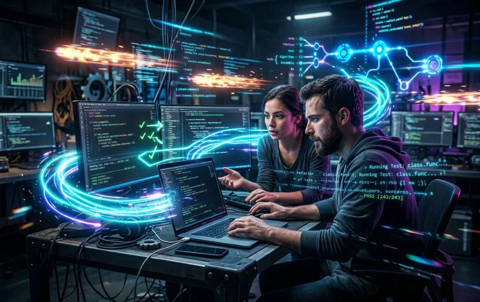 Dvaja vývojári pracujú pri notebooku a monitoroch s kódom.