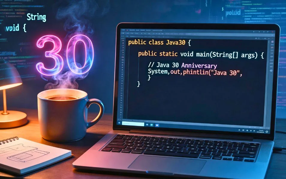 Notebook s ukážkou Java kódu, svietiace číslo 30 a šálka kávy ako vizuál k 30. výročiu programovacieho jazyka Java.