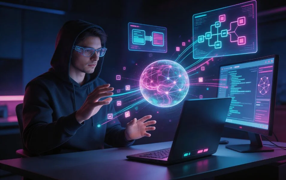 Developer pracuje s AI asistentom pri notebooku a na obrazovkách vidno vizualizáciu promptov, kódu a neurónovej siete