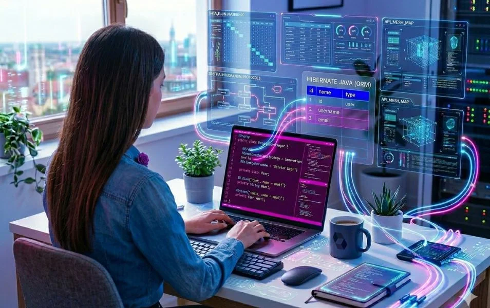 Žena pracuje na laptope v hibernate java