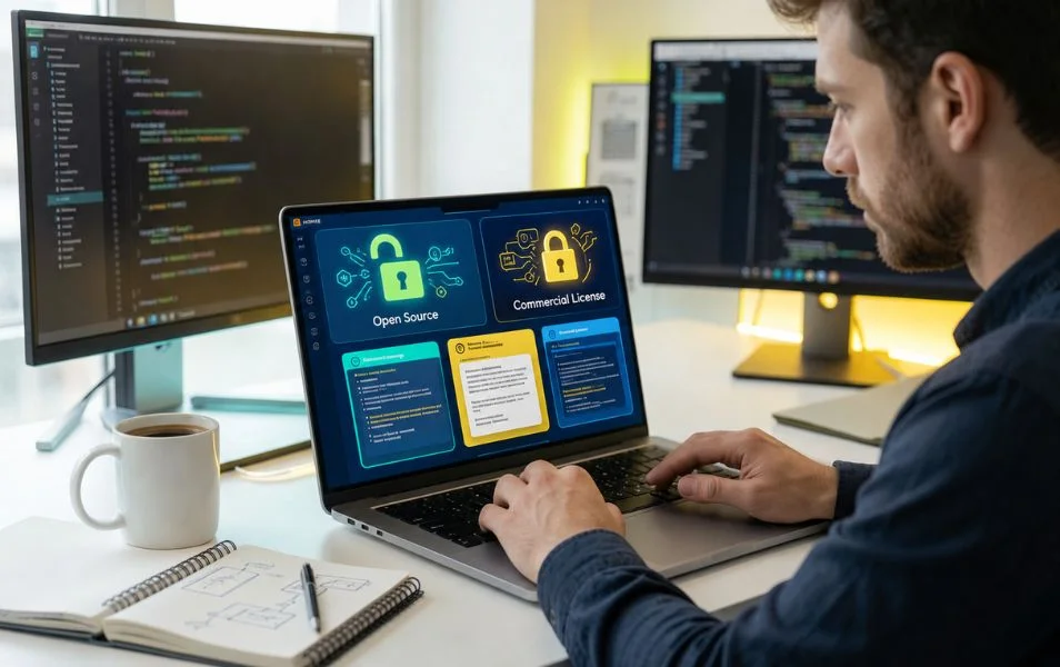 Vývojár pri notebooku porovnáva open source a komerčnú licenciu softvéru.