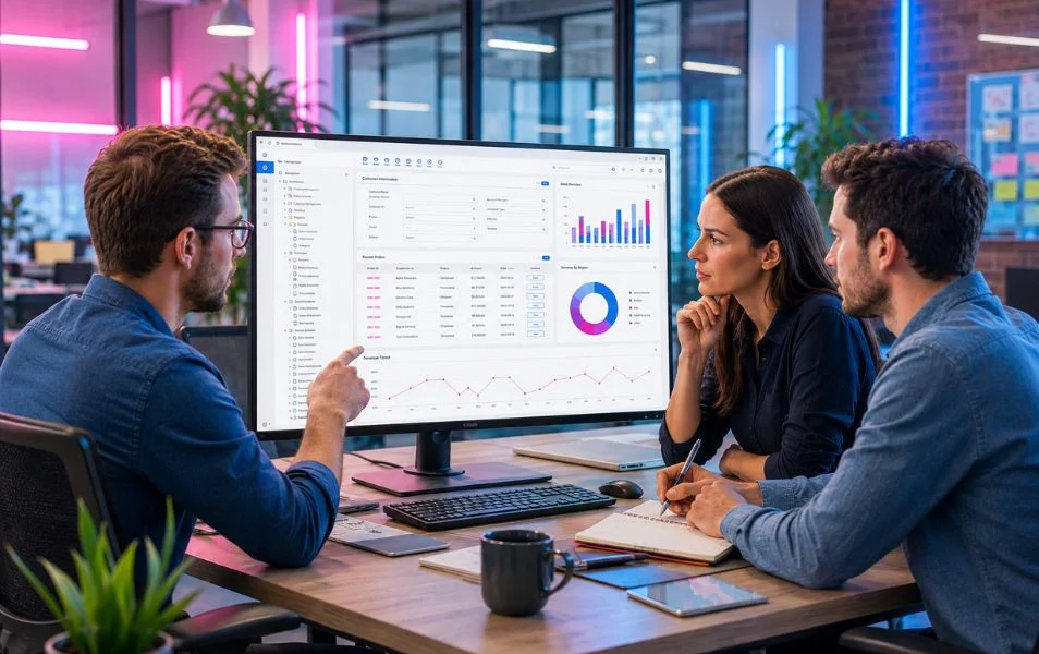 Tím vývojárov diskutuje nad používateľským rozhraním a dátovým dashboardom na monitore.