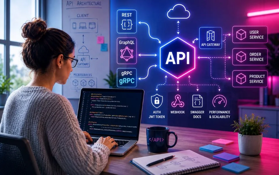 Vývojárka pri notebooku s vizualizáciou API architektúry, REST, GraphQL, gRPC a API Gateway.